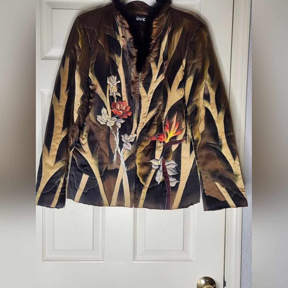 Hand L 165/88 Brown Mlticlr Zip Lngslv Embroidery 100% SILK Lined Women Jacket